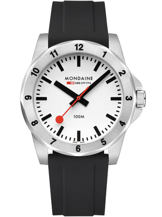 Front view of Mondaine MSN.4211B.RB White Dial Black Silicone Unisex Watch on white background