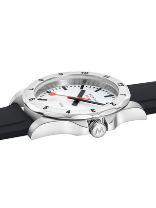 Angle shot of Mondaine MSN.4211B.RB White Dial Black Silicone Unisex Watch on white background