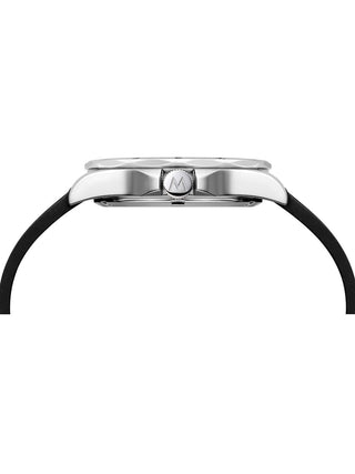Angle shot of Mondaine MSN.4211B.RB White Dial Black Silicone Unisex Watch on white background