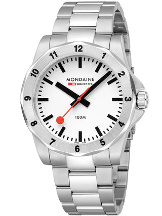 Angle shot of Mondaine MSN.4211B.SK White Dial Silver Stainless Steel Unisex Watch on white background