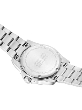 Angle shot of Mondaine MSN.4211B.SK White Dial Silver Stainless Steel Unisex Watch on white background