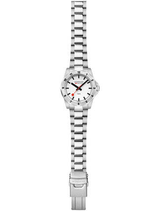 Angle shot of Mondaine MSN.4211B.SK White Dial Silver Stainless Steel Unisex Watch on white background