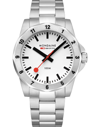 Front view of Mondaine MSN.4211B.SK White Dial Silver Stainless Steel Unisex Watch on white background