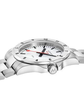 Angle shot of Mondaine MSN.4211B.SK White Dial Silver Stainless Steel Unisex Watch on white background