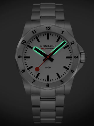 Angle shot of Mondaine MSN.4211B.SK White Dial Silver Stainless Steel Unisex Watch on white background