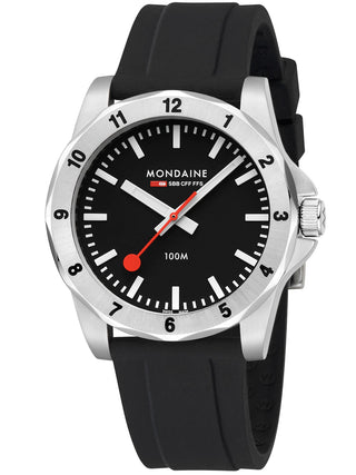 Angle shot of Mondaine MSN.42120.RB Black Silicone Unisex Watch on white background