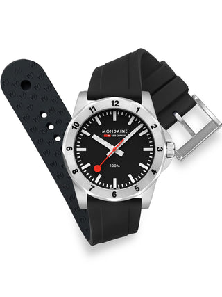 Angle shot of Mondaine MSN.42120.RB Black Silicone Unisex Watch on white background