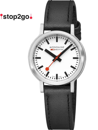 Angle shot of Mondaine MST.3401B.LBV.SET White Dial Black Leather Womens Watch on white background