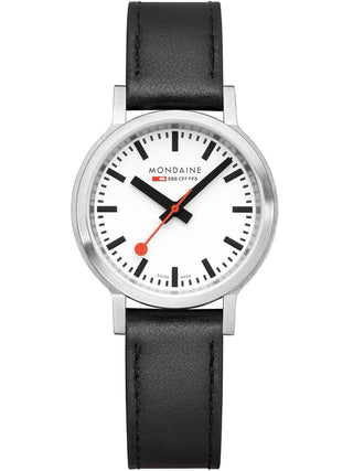 Front view of Mondaine MST.3401B.LBV.SET White Dial Black Leather Womens Watch on white background