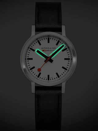 Angle shot of Mondaine MST.3401B.LBV.SET White Dial Black Leather Womens Watch on white background