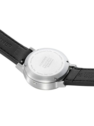 Angle shot of Mondaine MST.3401B.LBV.SET White Dial Black Leather Womens Watch on white background