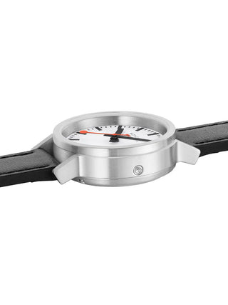 Angle shot of Mondaine MST.3401B.LBV.SET White Dial Black Leather Womens Watch on white background