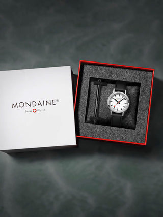 Angle shot of Mondaine MST.3401B.LBV.SET White Dial Black Leather Womens Watch on white background