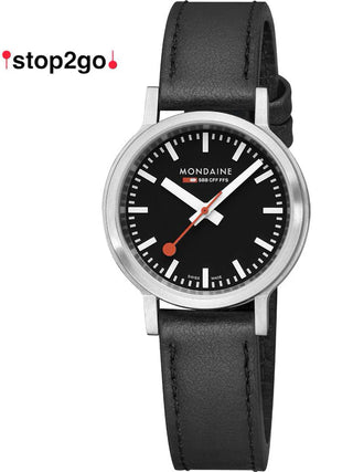Angle shot of Mondaine MST.34020.LBV.SET Black Leather Womens Watch on white background