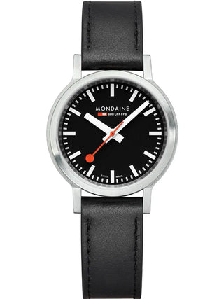 Front view of Mondaine MST.34020.LBV.SET Black Leather Womens Watch on white background