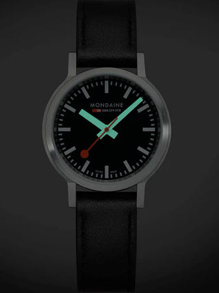 Angle shot of Mondaine MST.34020.LBV.SET Black Leather Womens Watch on white background