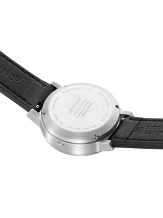 Angle shot of Mondaine MST.34020.LBV.SET Black Leather Womens Watch on white background
