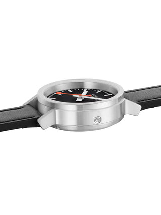 Angle shot of Mondaine MST.34020.LBV.SET Black Leather Womens Watch on white background