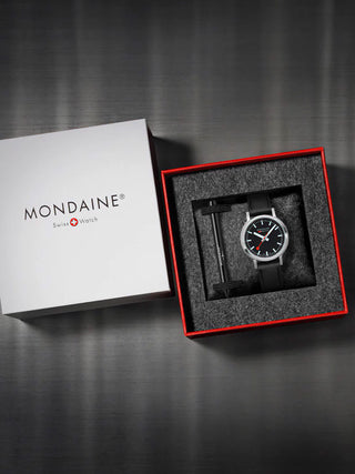 Angle shot of Mondaine MST.34020.LBV.SET Black Leather Womens Watch on white background