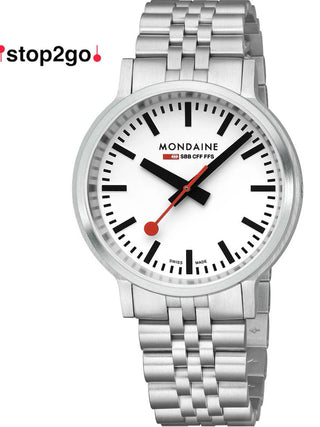 Angle shot of Mondaine MST.4101B.SJ.2SE White Dial Silver Stainless Steel Unisex Watch on white background