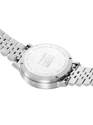 Angle shot of Mondaine MST.4101B.SJ.2SE White Dial Silver Stainless Steel Unisex Watch on white background