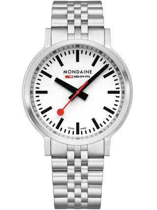Front view of Mondaine MST.4101B.SJ.2SE White Dial Silver Stainless Steel Unisex Watch on white background