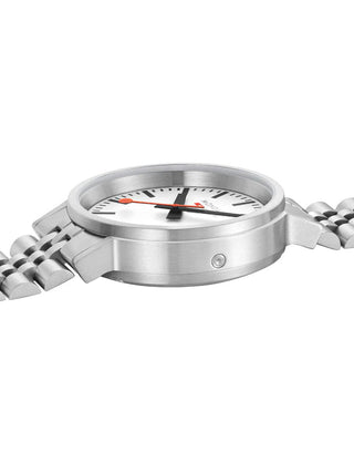 Angle shot of Mondaine MST.4101B.SJ.2SE White Dial Silver Stainless Steel Unisex Watch on white background