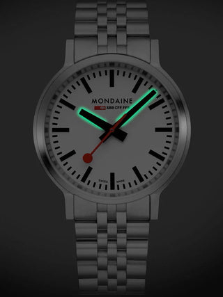 Angle shot of Mondaine MST.4101B.SJ.2SE White Dial Silver Stainless Steel Unisex Watch on white background