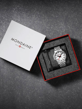Angle shot of Mondaine MST.4101B.SJ.2SE White Dial Silver Stainless Steel Unisex Watch on white background