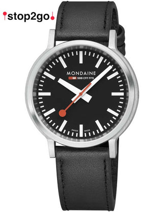 Front view of Mondaine MST.41020.LBV.2SE Black Leather Unisex Watch on white background