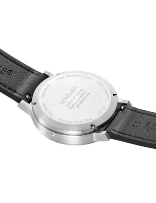 Angle shot of Mondaine MST.41020.LBV.2SE Black Leather Unisex Watch on white background