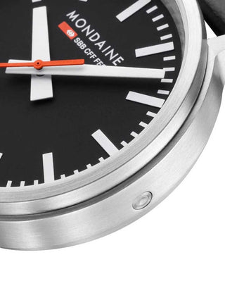 Angle shot of Mondaine MST.41020.LBV.2SE Black Leather Unisex Watch on white background