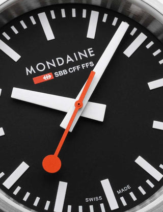 Angle shot of Mondaine MST.41020.LBV.2SE Black Leather Unisex Watch on white background