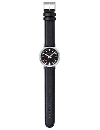 Angle shot of Mondaine MST.41020.LBV.2SE Black Leather Unisex Watch on white background