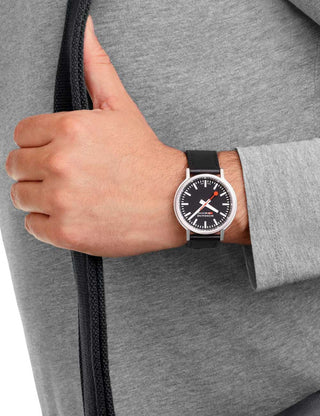 Angle shot of Mondaine MST.41020.LBV.2SE Black Leather Unisex Watch on white background