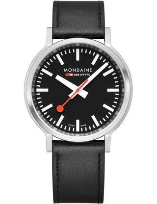 Angle shot of Mondaine MST.41020.LBV.2SE Black Leather Unisex Watch on white background