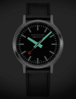 Angle shot of Mondaine MST.41020.LBV.2SE Black Leather Unisex Watch on white background