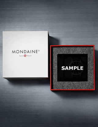 Angle shot of Mondaine MST.4161B.LBV White Dial Black Leather Unisex Watch on white background