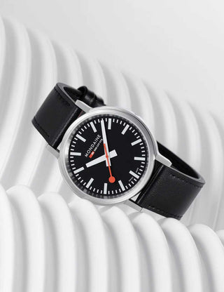 Angle shot of Mondaine MST.41020.LBV.2SE Black Leather Unisex Watch on white background