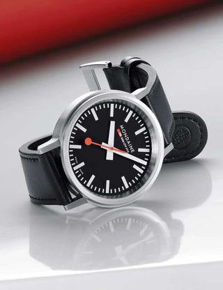 Angle shot of Mondaine MST.41020.LBV.2SE Black Leather Unisex Watch on white background