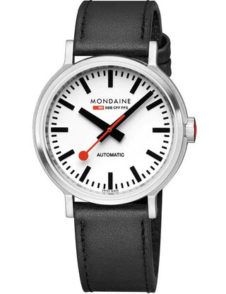 Angle shot of Mondaine MST.4161B.LBV White Dial Black Leather Unisex Watch on white background