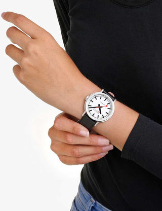 Angle shot of Mondaine MST.4161B.LBV White Dial Black Leather Unisex Watch on white background