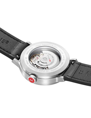 Angle shot of Mondaine MST.4161B.LBV White Dial Black Leather Unisex Watch on white background