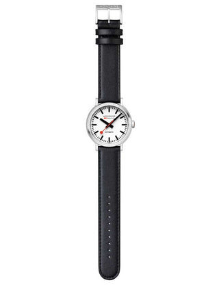 Angle shot of Mondaine MST.4161B.LBV White Dial Black Leather Unisex Watch on white background