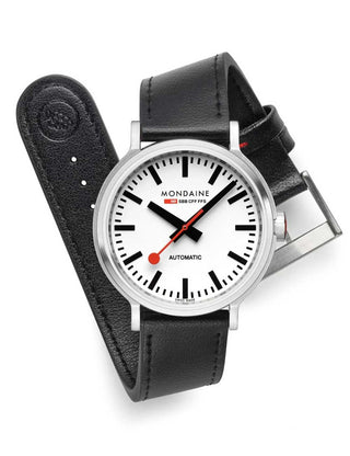 Front view of Mondaine MST.4161B.LBV White Dial Black Leather Unisex Watch on white background