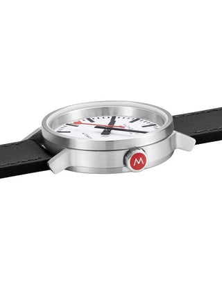Angle shot of Mondaine MST.4161B.LBV White Dial Black Leather Unisex Watch on white background
