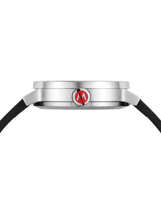 Angle shot of Mondaine MST.4161B.LBV White Dial Black Leather Unisex Watch on white background