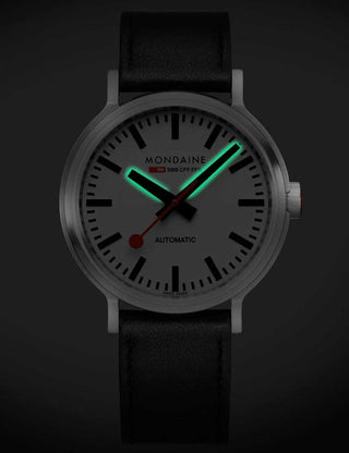 Angle shot of Mondaine MST.4161B.LBV White Dial Black Leather Unisex Watch on white background
