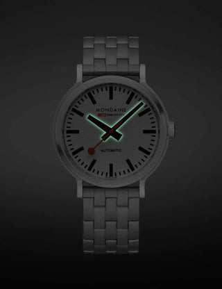 Angle shot of Mondaine MST.4161B.SJ White Dial Silver Stainless Steel Unisex Watch on white background