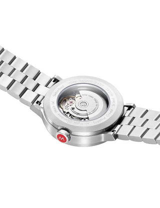 Angle shot of Mondaine MST.4161B.SJ White Dial Silver Stainless Steel Unisex Watch on white background